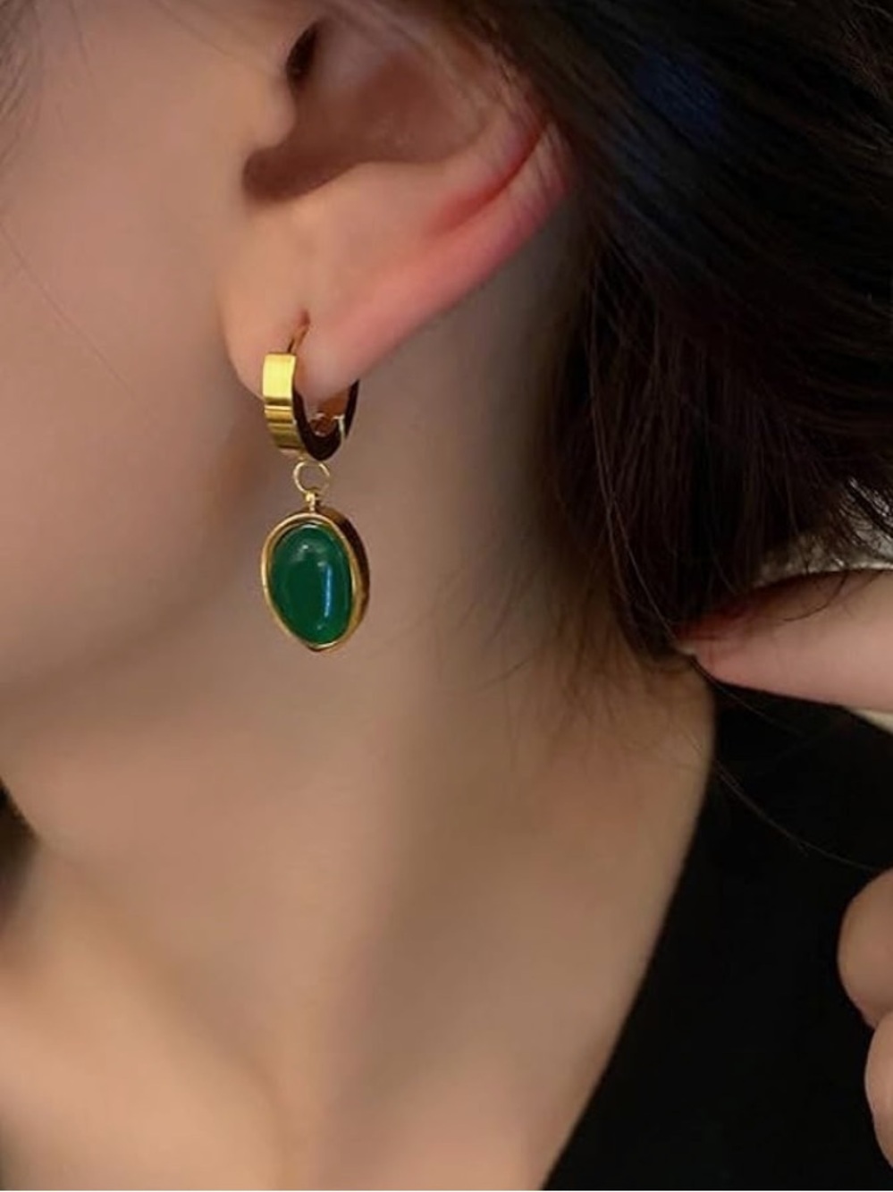 Anthropologie Gold Hoop Earrings with Emerald Green Drops - Picture 3 of 3